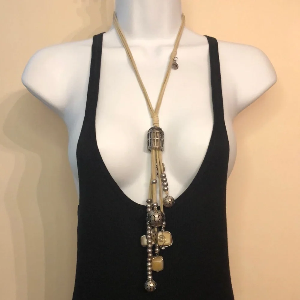 Artisan designer suede cord adjustable charm necklace boho festival statement.